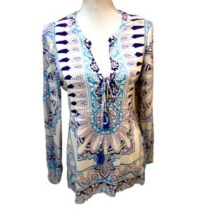 Hale Bob turquoise blue/navy print tunic top tassel lightweight size small